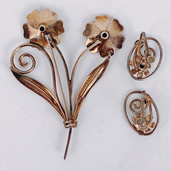 VTG Signed Jaykel Sterling Silver Floral Brooch & Earrings Set, 1940s 1950s MCM - Picture 5 of 16